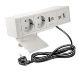 GTV - Prise de meuble BAR, multiprise, 2 prises Schuko, 1 x USB A, 1 x USB C, 1 x RJ45, 1 x HDMI, longueur du câble 1,5 m, couleur blanche, pour bureau, plateau de table, cuisine et bureau