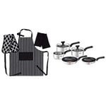 Penguin Home Tefal 5 Piece, Comfort Max, Stainless Steel, Pots and Pans, Induction Set Apron, Double Oven Glove and 2 Kitchen Tea Towels Set - Black/White