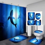 Fashion&Man 16PCS/Set Fantasy Whale Dolphin Shark Shower Curtain Waterproof Cloth Polyester Bath Curtain, Bathroom Carpet Bath Mat Toilet Rugs Ocean Underwater Marine Life Decor, 72"x72", Blue Shark