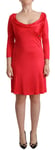 GALLIANO Dress Red Viscose 3/4 Sleeves Deep Round Neck Sheath IT44/US10/L