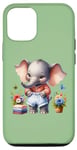 Coque pour iPhone 15 Bébé éléphant vert en tenue, fleurs et papillons