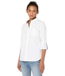 Tommy Hilfiger Women's Solid Button Collared Shirt with Adjustable Sleeves, Bright White, XL