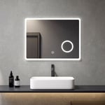 Meykoers Miroir de salle de bain lumineux avec Anti-buée 80x60cm Miroir Mural LED avec 3x Loupe et Commutateur Tactile
