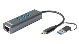 D-Link USB-C/USB-A til Gigabit Ethernet-adapter med 3 USB 3.0-porter