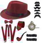 1920-tals Herr Gatsby 8-delad Tillbehörssats Hatt Suspender Fluga Red
