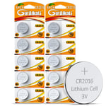 GutAlkaLi CR2016 3V Lithium Coin Cell Battery 10 Pack Mercury-free, Long Life Strong Power 3 Volt Lithium Flat Batteries for electronic devices; Watch, household ítems, car remote key