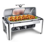9L Stainless Steel Chafing Dish with Roll Top, Rectangular Food Warmers Set with 2 Half Sized Catering Trays, Water Pan and Fuel Holders for Wedding, Parties