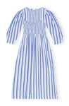 Stripe Cotton Open-Neck Smock Long Dress - Silver Lake Blue