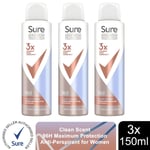 Sure Women Anti-Perspirant 96H Maximum Protection Deo 3x150ml, Select Your Scent