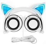 Wired Headphones Over-Ear Foldable Cat Ear Earphones with LED Light For Girls,Children.Compatible for Mp3 Mp4 player,iPhone,Android Phone (white),Valentines Day Gifts for Kids.