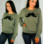 Ladies Khaki Green Long Sleeve Round Nexk Jumper W Black Moustache Design 8 - 12