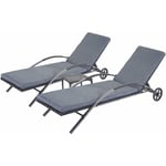 Ensemble de 2 chaises longues de jardin transat bain de soleil avec petite table en polyrotin noir coussin gris foncé - noir
