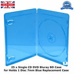 25 x Single 7mm Spine Blue Transparent Bluray Replacement Case Holding 1 Disc BD