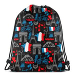 EU Navy Blue White Diamond Chessboard Drawstring Backpack Gym Sack Cinch Bag String Bag France Flag Bicycle Paris Black