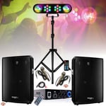 Pack Sono Karaoke Ampli Stéréo Bluetooth USB SD LTC MFA1200USB-BT-BL 2x50W - 2 Enceintes Ibiza 2x300W - 2 Micros - Pied Lumière DJ