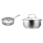 LE CREUSET 3-Ply Stainless Steel Sauté pan with Lid, 24 x 6.5 cm & Stainless Steel Multi Steamer Insert with Glass Lid, for use with 3Ply Stainless Steel Pans, 16 cm to 20 cm
