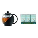 Café Olé Grunwerg Café Ole Loose Leaf Everyday Round Tea Pot Infuser Basket Glass Teapot, Black, 1.20 Litre, 1200ml / 1.2 & New English Teas Vintage Victorian Tea Tins with Loose-Leaf Tea