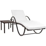 Helloshop26 - Transat chaise longue bain de soleil lit de jardin terrasse meuble d'extérieur avec coussin et table résine tressée marron