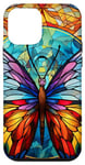 Coque pour iPhone 12 mini Papillon bleu et jaune en verre teinté portrait insecte art