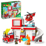 LEGO 10970 Duplo La Caserne et L’Hélicoptère des Pompiers, Jouet Camion de Pompier, Push & Go, pour Les Enfants de 2 Ans et Plus, Larges Briques