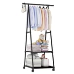 Metal Hanging Clothes Storage Racks On Wheels Standing Drying Clothing Racks Rails with Lower 2-tier Shelves for Coat Shoes Organisers Bedroom Living Room Black