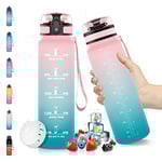 Vikaster Bouteille d'eau, Gourde Sport 1 Litre, sans BPA, Étanche & Réutilisable, Water Bottle Ouvrir en un Clic, Convient Pour la Gym, le Yoga, le Camping, Gourde Randonnée Rose/Cyan
