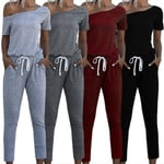 Womens One Shoulder Tracksuit Jumpsuit Casual Summer Lounge Wear Wine Red L