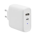Amazon Basics Chargeur secteur GaN à deux ports 63 W avec 1 port USB-C (45 W) et 1 port USB-A (18 W) pour ordinateurs portables, tablettes avec alimentation - Blanc (sans PPS)