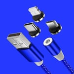 Magnetisk multiladdare 3 i 1 för Iphone, Micro USB och USB Typ C med stöd för dataöverföring. - Blå