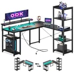 ODK Bureau d'angle Informatique Réversible de avec Bibliothèque, Bureau avec Long Support de Moniteur Réglable (Noir, 140cm avec LED & 2 Prises de Courant)