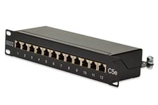 DIGITUS Panneau de brassage Cat. 5e – 12 ports – prises RJ45 – montage en rack 10 pouces 1U – panneau de distribution LSA – blindé – noir