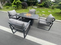 Aluminum Top 4 Seat Garden Furniture Dining Set Gas Fire Pit Table And Chairs Burner Heater Patio Outdoor Dark Grey