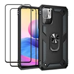 EasyLifeGo for Xiaomi Poco M3 Pro 5G / Xiaomi Redmi Note 10 5G Kickstand Case with Screen Protector Tempered Glass [2 pieces], Hybrid Heavy Duty Armor Dual Layer Anti-Scratch Case Cover, Black