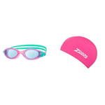 Zoggs Children's Panorama Junior Swimming Goggles with UV Protection, Wide Vision and Anti-Fog (6-14 Years), Pink/Turquoise/Tint Blue & Unisex Stretch Swimming Cap, Pink, One Size UK