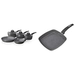 Tower T81276 Frying Pan and Saucepan Set, Graphite & Cerastone Induction Grill Pan, Non Stick Ceramic Coating, Easy to Clean, Dishwasher Safe, Graphite, 25 cm