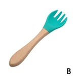 Wooden Silicone Infant Baby Spoon Fork Safety Feeding Tableware B Light Blue