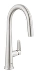 GROHE Veletto - Single-Lever Kitchen Sink Pull Out Mixer Tap (High C-Spout, 2 Spray Options, 28 mm Ceramic Cartridge, 360° Swivel Range, Tails 3/8 Inch), QuickMount Included, Stainless Steel, 30419DC0