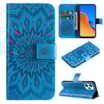SATURCASE Coque pour Xiaomi Redmi 12, Fleur du Soleil Gaufrage PU Cuir Magnétique Flip Portefeuille Support Porte-carte Protecteur Housse Étui avec Dragonne pour Xiaomi Redmi 12 (TY-Bleu)