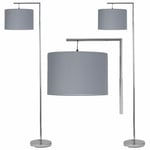 Set of 2 Modern Chrome Angled Floor Light Standard Lamps Grey Fabric Shades