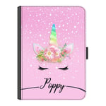 Personalised Initial Ipad Case For Apple iPad (2019) 10.2 inch (7th Generation), Pink Snow Unicorn with Custom Black Name Line, 360 Swivel Leather Side Flip Wallet Folio Cover, Unicorn Ipad Case