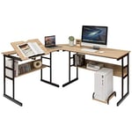 Giantex Bureau d’Angle en Forme L 170 CM, Bureau d’Ordinateur avec 2 Étagères, Plateau Inclinable, Support d'Unité Centrale, Table Informatique pour Bureau, Peu Encombrant, Style Industriel (Naturel)