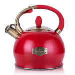 SUSTEAS Stove Top Whistling Tea Kettle-Surgical Stainless Steel Teakettle Teapot with Cool Toch Ergonomic Handle,1 Free Silicone Pinch Mitt Included,3 Liter(RED)