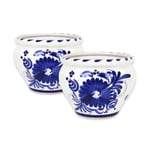 Blue Floral Hand Painted Set of 2 Outdoor Garden Patio Bola Plant Pots (D) 25cm