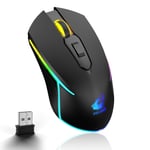 Wireless Gaming Mouse with 2.4Ghz USB Receiver, Rainbow Backlight Adjustable DPI, Silent Click Rechargeable Mice, Ergonomic 6 Button Compatible With Computer PC Mac Gamer Office Use (Black)