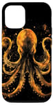 Coque pour iPhone 14 Pro Kraken doré, une pieuvre aux tentacules de calmar géants