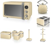 Swan Cream Retro Set of 9 - Digital Microwave, 20L, 800 Watt, 1.8L Dome Kettle, 4 Slice Toaster,Bread bin, 3 Canisters, Towel Pole & 6 Mug Tree Set