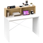 HOMCOM Bureau avec Rangement Table d'ordinateur 110 x 50 cm avec 2 Compartiments Ouverts et étagère de Rangement, Bureau Informatique pour Chambre, Petits espaces, Blanc et Naturel