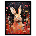 Spring Bliss Oil Painting Cute Bunny Rabbit in a Daisy Flower Meadow Kids Bedroom Art Print Framed Poster Wall Decor 12x16 inch