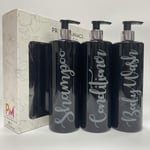 Print Maniacs 3 Set Mrs Hinch Inspired Black Personalised Dispenser Pump Bottles Shampoo Conditioner Body Wash (Grey)