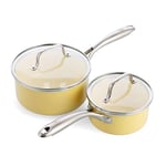 GreenLife Artizan Healthy Ceramic Non-Stick 14cm/1l and 18 cm/2l Saucepan Pot Set with Lids, Stainless Steel Handle, Induction, PFAS-Free, Oven Safe, Yellow
